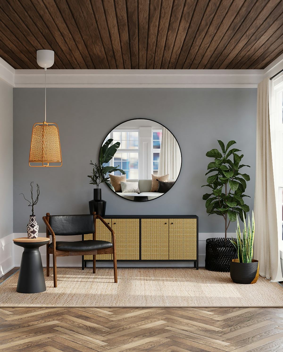 A warmly lit premium living room with teak ceiling, herringbone floor and curated furniture